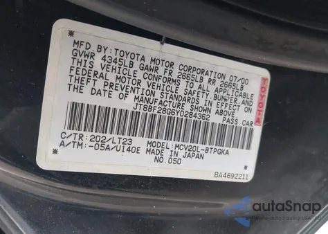 2000 Lexus Es 300 из США, поврежденный, VIN JT8BF28G6Y0284362